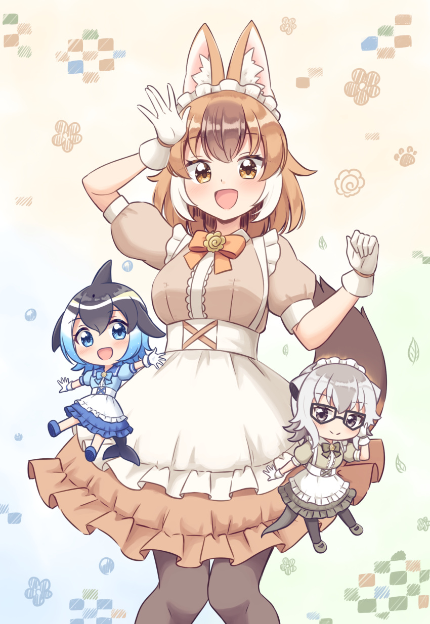 3girls :d adapted_costume alternate_costume animal_ears apron black_hair black_pantyhose blonde_hair blowhole blue_bow blue_bowtie blue_dress blue_hair blush bow bowtie brown_bow brown_bowtie brown_dress brown_hair cetacean_tail chibi collared_dress commentary common_dolphin_(kemono_friends) dhole_(kemono_friends) dog_ears dog_girl dog_tail dolphin_girl dorsal_fin dress enmaided frilled_apron frilled_dress frills glasses gloves grey_dress grey_hair hair_between_eyes hand_on_eyewear highres kemono_friends light_brown_hair long_hair maid maid_apron maid_headdress matching_outfit meerkat_(kemono_friends) meerkat_ears multicolored_hair multiple_girls open_mouth pantyhose puffy_short_sleeves puffy_sleeves salute shiraha_maru short_hair short_sleeves smile tail two-tone_hair white_apron white_gloves white_hair