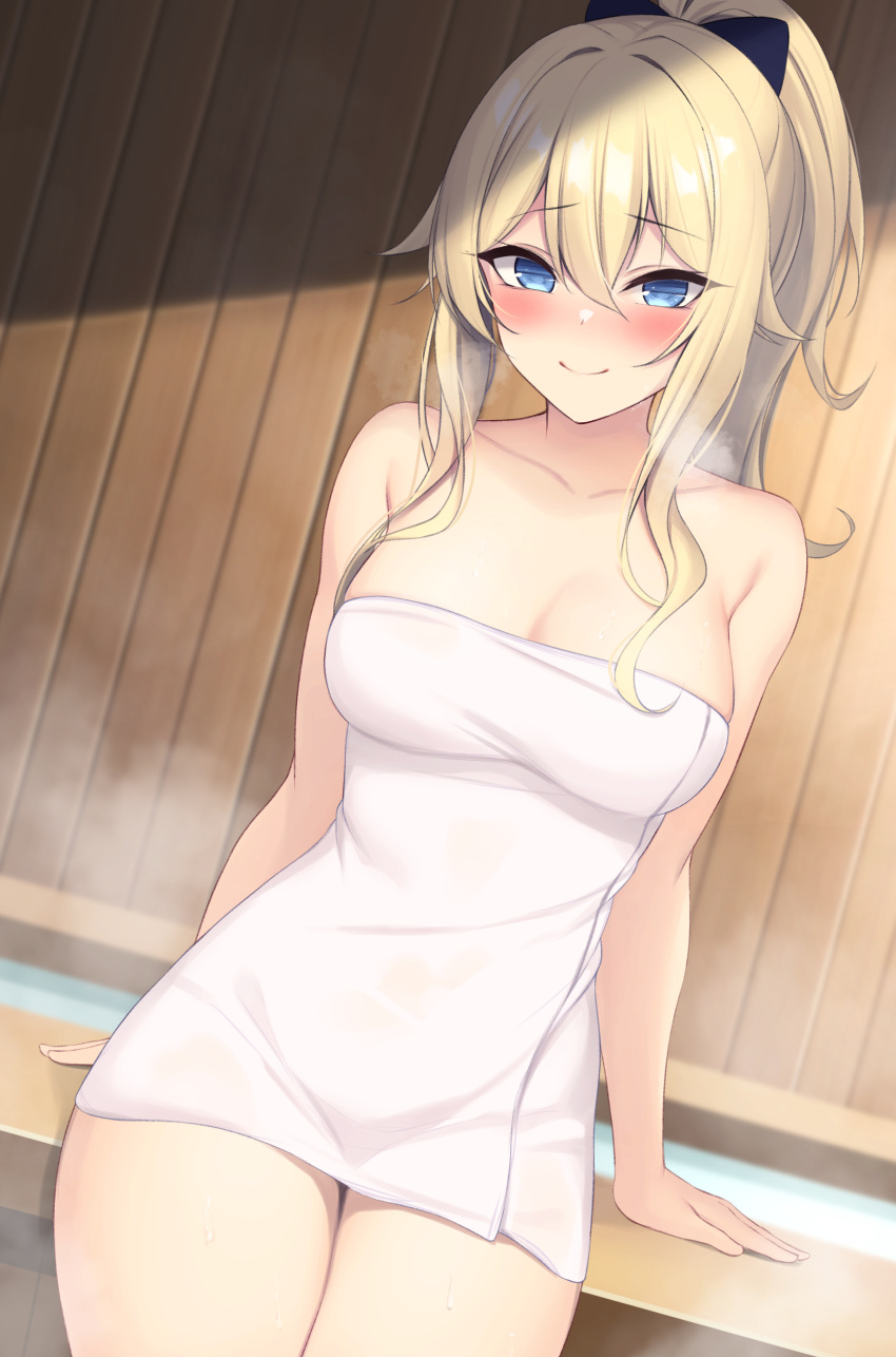 1girl absurdres arm_support bath blonde_hair blue_eyes blush bow breasts cleavage genshin_impact hair_bow hanpenmaru highres jean_(genshin_impact) large_breasts long_hair looking_at_viewer naked_towel ofuro ponytail smile steam towel water