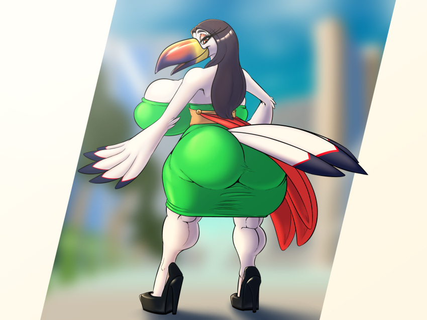 anthro avian beak beak_open big_breasts big_butt biped bird black_hair breasts butt clothed clothing digital_media_(artwork) eyelashes eyeshadow feathers female footwear hair hi_res high_heels hindboob huge_breasts huge_butt hyper impossible_clothing kyrie_eleison long_hair looking_at_viewer looking_back makeup mascara penetration platform_footwear platform_heels rear_view ridiculous_fit shoes smile solo tail_feathers thick_calves thick_thighs tight_clothing toucan white_body white_feathers winged_arms wings