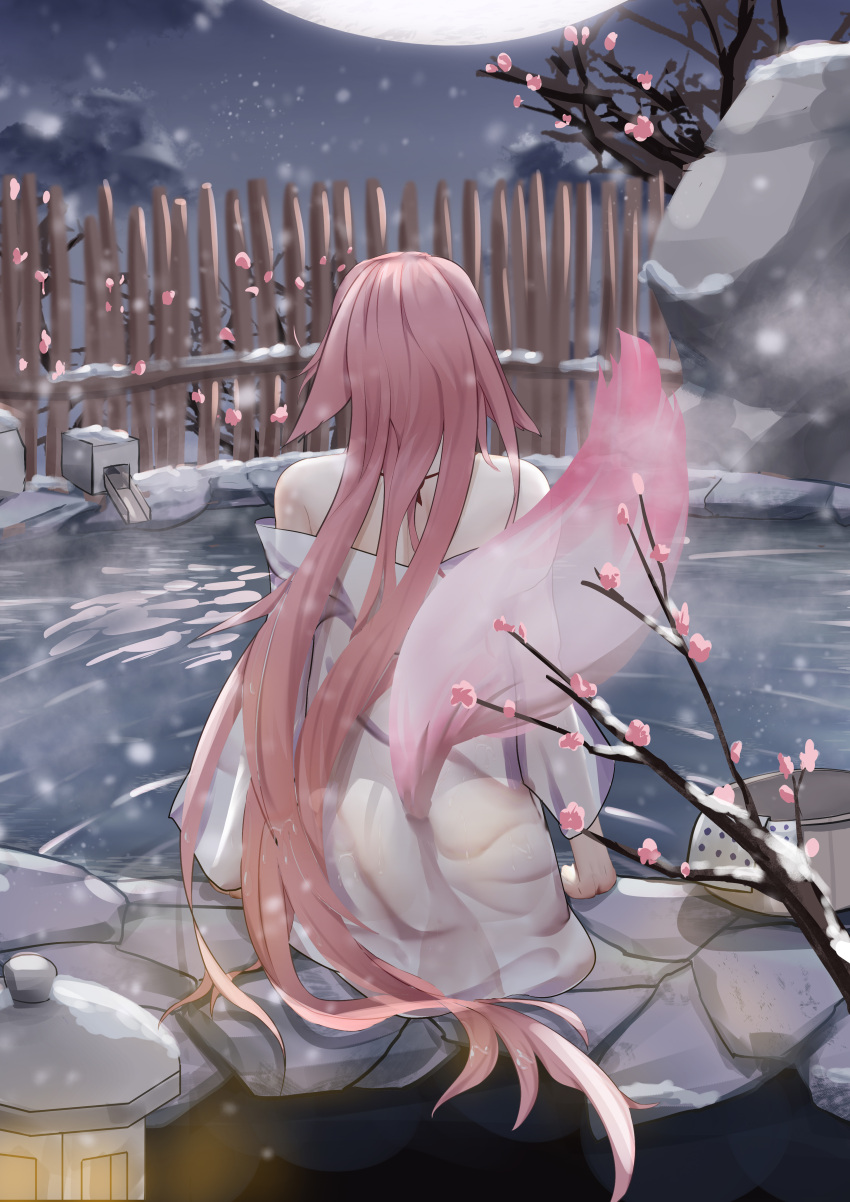 1girl absurdres animal_ears ass back branch bucket cherry_blossoms chinese_commentary commentary_request facing_away fence flag888 floppy_ears fox_ears fox_tail from_behind genshin_impact highres lamp long_hair low_ponytail moon night nude onsen outdoors pink_hair pink_tail see-through sitting sky snowing solo star_(sky) starry_sky steam tail towel tree very_long_hair water winter wooden_bucket wooden_fence yae_miko