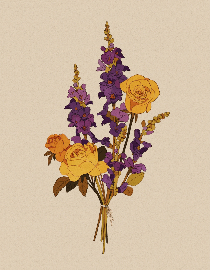 bouquet commentary commission english_commentary flower grey_background highres leaf libbyframe no_humans original plant purple_flower rose signature simple_background snapdragon still_life yellow_flower yellow_rose