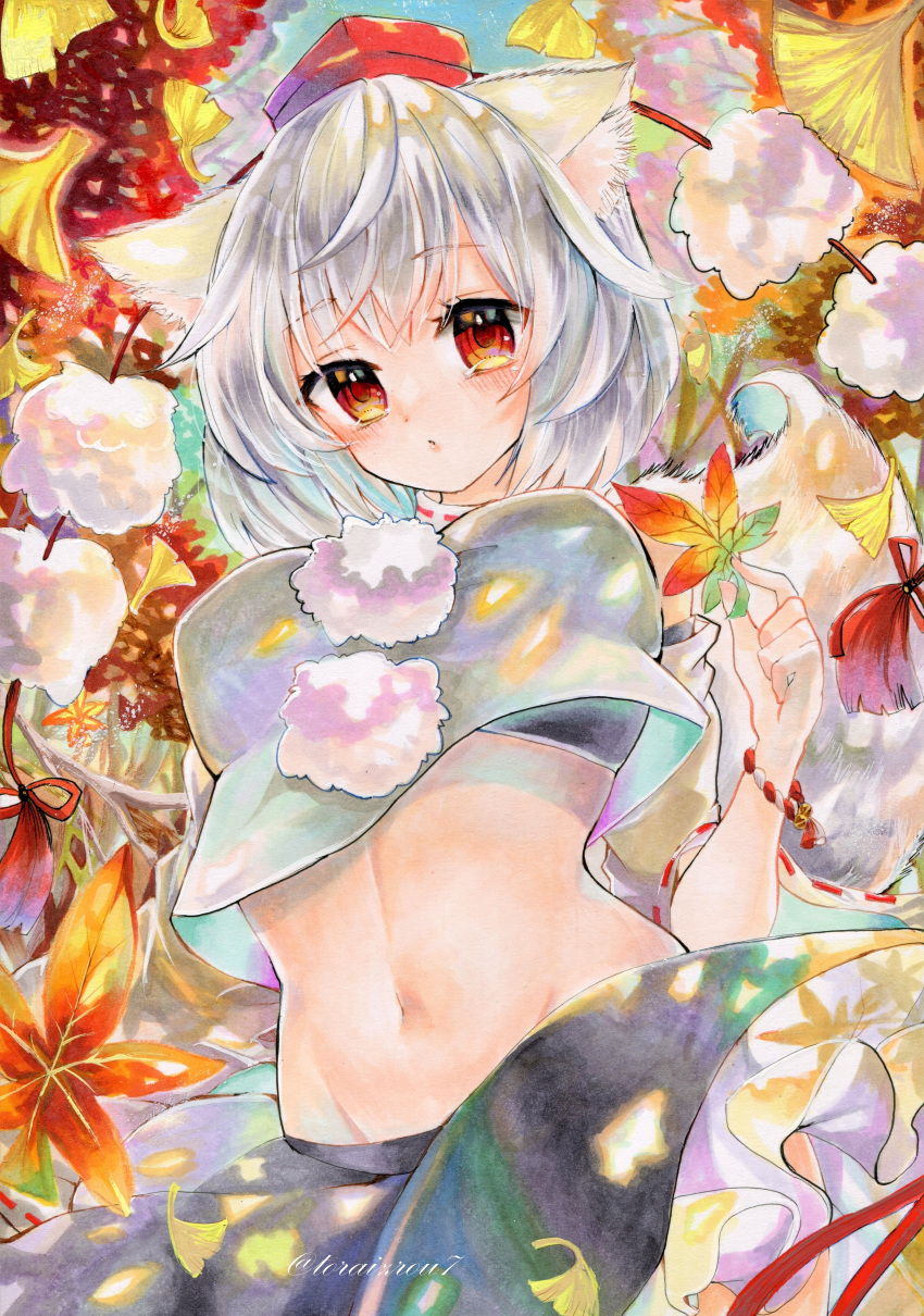 1girl absurdres animal_ear_fluff animal_ears autumn autumn_leaves black_skirt breasts closed_mouth commentary_request cowboy_shot detached_sleeves frilled_skirt frills groin hat highres holding holding_leaf inubashiri_momiji leaf looking_at_viewer maple_leaf marker_(medium) medium_hair midriff navel pom_pom_(clothes) red_eyes red_headwear ribbon-trimmed_sleeves ribbon_trim shirt skirt solo tail tokin_hat torajirou_(toraneko_zirou) touhou traditional_media twitter_username undershirt white_hair white_shirt white_sleeves wolf_ears wolf_girl wolf_tail