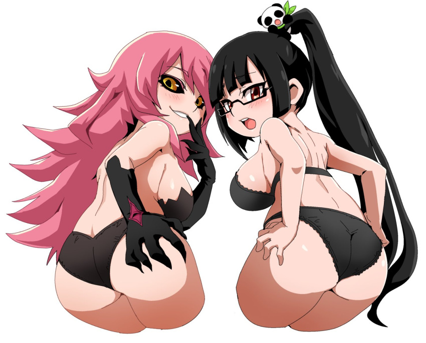 2girls ass black_bra black_hair black_panties black_sclera blazblue bra breasts colored_sclera from_behind glasses hair_over_one_eye konoe_a._mercury large_breasts litchi_faye_ling long_hair looking_at_viewer looking_back multiple_girls open_mouth panties pink_hair semi-rimless_eyewear side_ponytail simple_background smile thong tongue under-rim_eyewear underwear underwear_only very_long_hair white_background yellow_eyes yuuya_(blue_scarab)