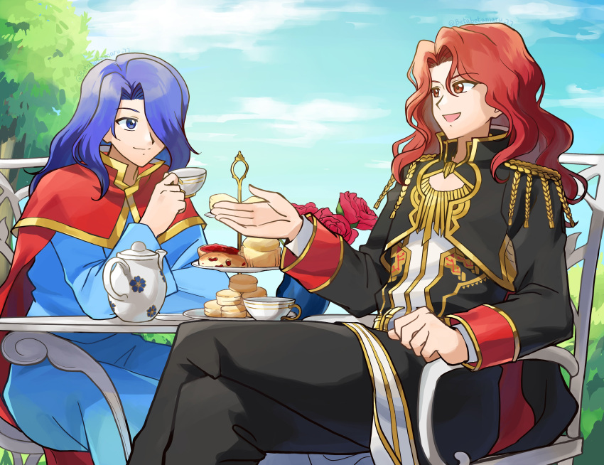 2boys absurdres arvis_(fire_emblem) betabetamaru biscuit_(bread) blue_eyes blue_hair crossover cup fire_emblem fire_emblem:_genealogy_of_the_holy_war highres holding holding_cup long_hair multiple_boys open_mouth red_eyes red_hair scone sitting smile tea_party tea_set