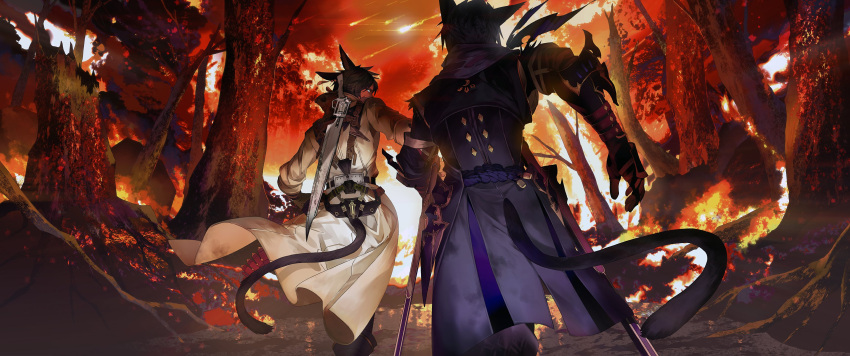 2boys absurdres animal_ears apocalypse avatar_(ff14) bangs bare_tree black_footwear black_hair blue_coat blue_hair burning cat_boy cat_ears cat_tail coat commentary destruction earrings facial_mark facing_away feet_out_of_frame final_fantasy final_fantasy_xiv fire forest from_behind gauntlets gunblade gunbreaker_(final_fantasy) hair_between_eyes highres holding_another's_wrist jewelry long_sleeves looking_at_another looking_back male_focus meteor_shower miqo'te multiple_boys nature occacia outdoors red_sky running scenery short_hair sky tail tree weapon weapon_on_back white_coat white_eyes