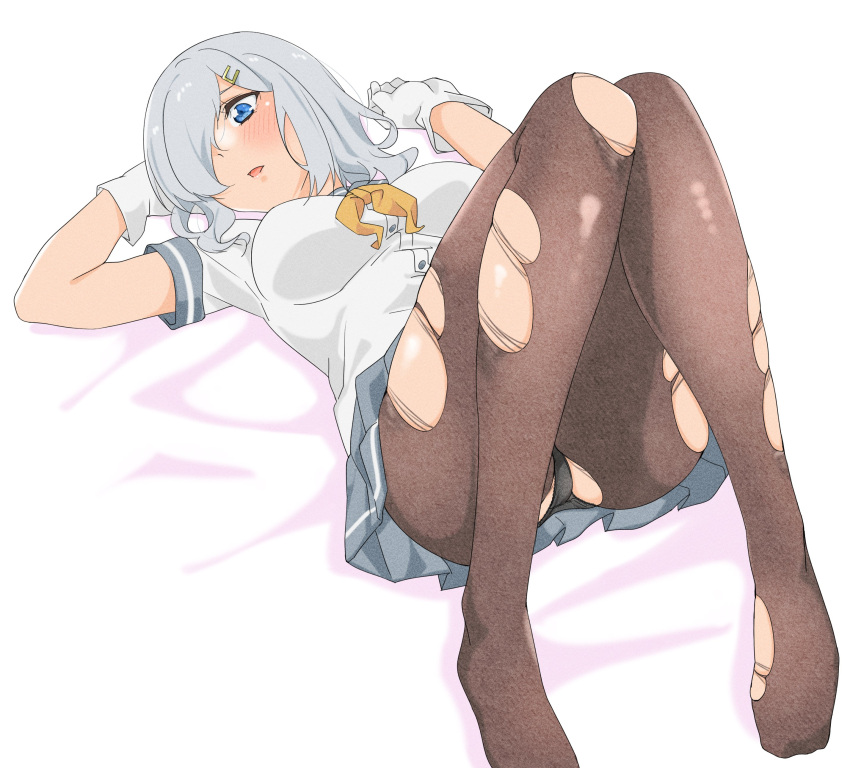 1girl absurdres black_panties black_pantyhose blue_eyes breasts commentary_request gloves grey_hair grey_skirt hair_ornament hair_over_one_eye hairclip hamakaze_(kancolle) highres kantai_collection maonatten medium_breasts neckerchief panties pantyhose pleated_skirt school_uniform short_hair simple_background skirt solo torn_pantyhose underwear white_background white_gloves yellow_neckerchief