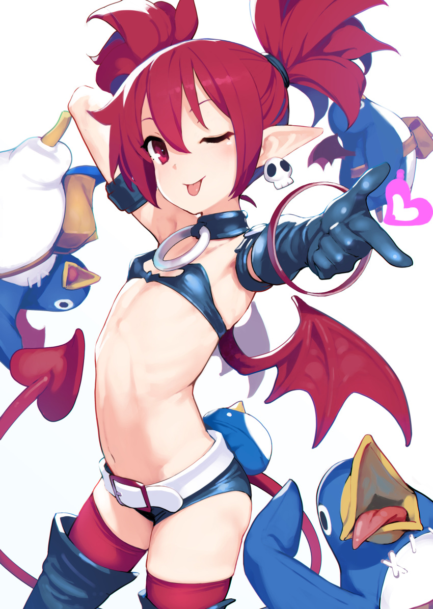 1girl armlet ataruman bat_wings belt bird black_choker black_footwear black_gloves black_shorts blush boots choker closed_mouth demon_girl demon_tail demon_wings disgaea earrings elbow_gloves etna_(disgaea) flat_chest gloves highres jewelry looking_at_viewer makai_senki_disgaea mini_wings navel o-ring o-ring_choker one_eye_closed open_mouth penguin pointy_ears prinny red_eyes red_thighhighs ribs short_shorts shorts single_glove skinny skull_earrings smile solo spiked_hair stitches tail thigh_boots thighhighs tongue tongue_out twintails wings