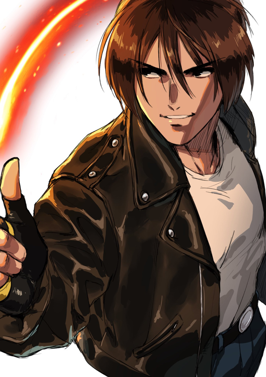 1boy beniazumaru black_eyes black_gloves black_jacket brown_hair brown_jacket fingerless_gloves gloves highres jacket kusanagi_kyou long_sleeves looking_to_the_side male_focus pants shirt short_hair simple_background the_king_of_fighters upper_body white_background white_shirt