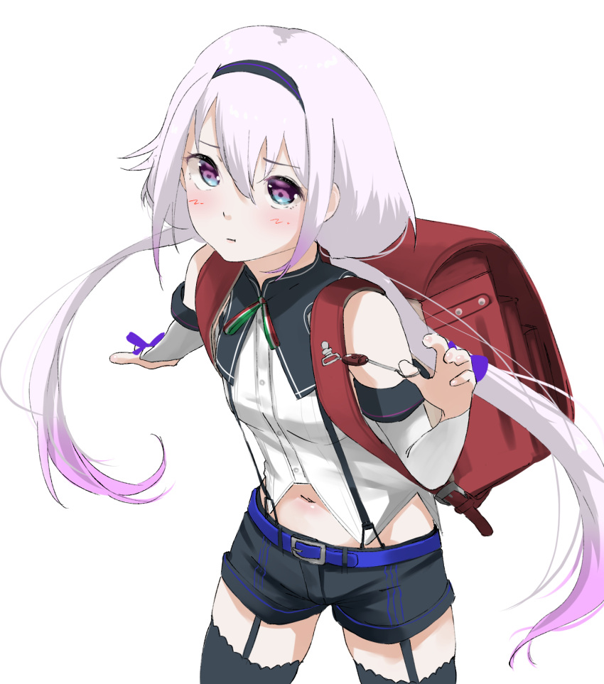 .live 1girl backpack bag belt blue_belt blue_eyes breasts carro_pino cowboy_shot crime_prevention_buzzer detached_sleeves garter_straps highres low_twintails multicolored_eyes multicolored_hair navel purple_eyes purple_hair randoseru short_shorts shorts small_breasts solo suspenders tama_(tamago) thighhighs twintails two-tone_hair virtual_youtuber