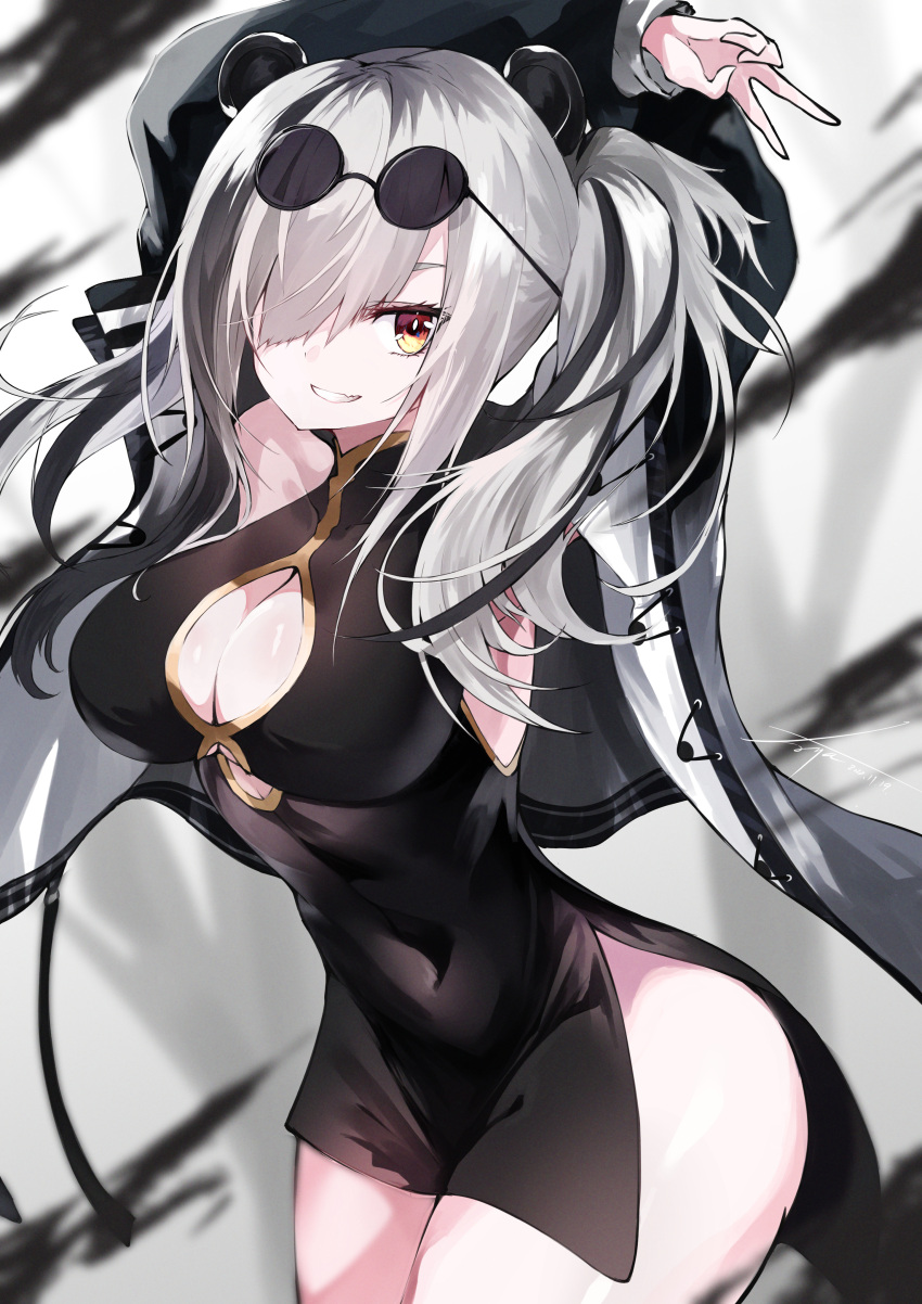 1girl :d absurdres animal_ears arknights bear_ears black_dress black_hair black_jacket breasts china_dress chinese_clothes cleavage cleavage_cutout clothing_cutout covered_navel cowboy_shot dress eyewear_on_head fang feater_(arknights) grey_hair grin hair_over_one_eye highres jacket large_breasts long_hair long_sleeves looking_at_viewer multicolored_hair open_clothes open_jacket parted_lips round_eyewear side_slit skin_fang smile solo sunglasses twintails two-tone_hair v yellow_eyes yonagi_white