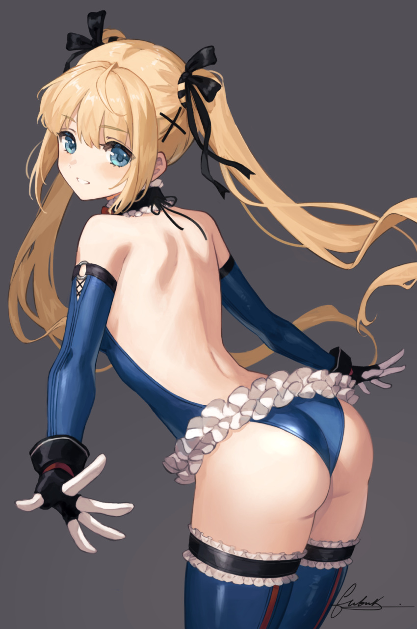 1girl :d ass backless_leotard bangs bare_shoulders black_gloves blonde_hair blue_eyes blue_leotard blue_thighhighs blush breasts dead_or_alive detached_sleeves frilled_leotard frilled_thighhighs frills from_behind fubuki_(fakemonkey0224) gloves grey_background grin highres leaning_forward leotard long_hair long_sleeves looking_at_viewer looking_back marie_rose neck_garter parted_lips signature simple_background small_breasts smile solo thighhighs twintails two-tone_gloves very_long_hair white_gloves