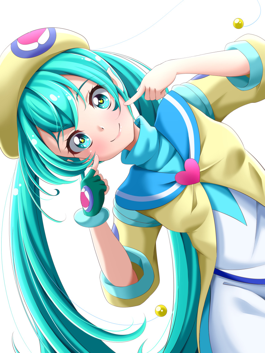 1girl absurdres aqua_eyes aqua_hair asymmetrical_gloves blue_sailor_collar closed_mouth dress gloves green_gloves hagoromo_lala highres leaning_to_the_side long_hair looking_at_viewer pointy_ears precure s-operator sailor_collar shiny shiny_hair single_glove smile solo star-shaped_pupils star_(symbol) star_twinkle_precure symbol-shaped_pupils twintails very_long_hair white_background white_dress yellow_headwear