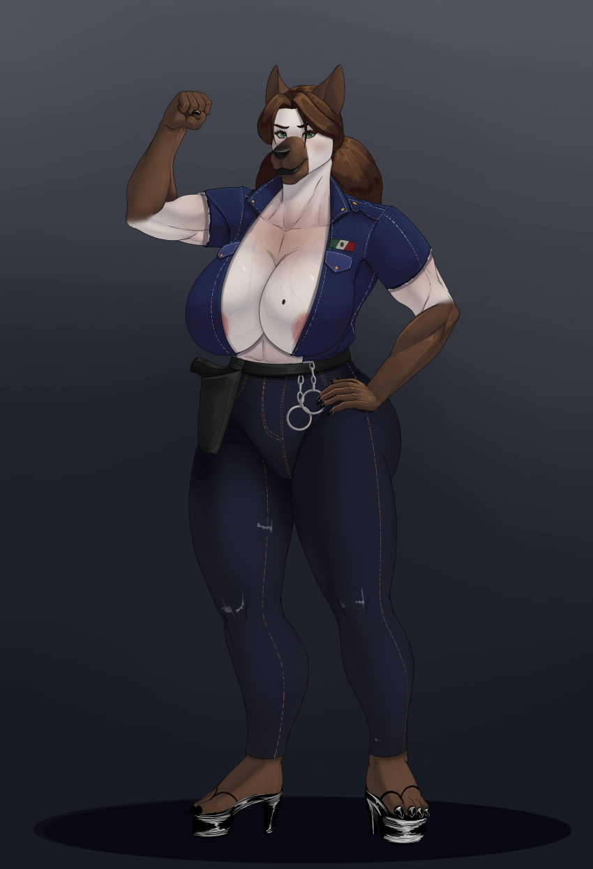 absurd_res alternate_costume anthro big_breasts bottomwear breasts canid canine canis cleavage clothed clothing colored cuff_(restraint) denim denim_clothing domestic_dog female flexing_bicep footwear front_view full-length_portrait grey_background gun handcuffs handgun hi_res high_heels jeans looking_at_viewer mammal maria_(pancarta) metal_cuffs mexican_flag mole_on_breast muscular_arms open_clothing open_shirt open_topwear pancarta pants pistol pistol_holster police_uniform portrait ranged_weapon restraints sagging_breasts shaded shirt simple_background solo standing thick_thighs tight_bottomwear tight_clothing topwear uniform veiny_breasts weapon
