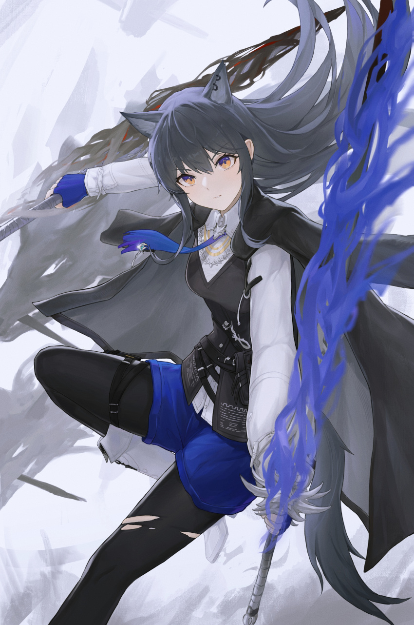 1girl absurdres animal_ear_fluff animal_ears arknights bangs black_coat black_hair black_pantyhose black_vest blue_fire blue_gloves blue_necktie blue_shorts boots coat coat_on_shoulders dual_wielding extra_ears fingerless_gloves fire flaming_sword flaming_weapon gloves highres holding knee_boots long_hair long_sleeves looking_at_viewer necktie orange_eyes pantyhose pantyhose_under_shorts parted_lips shirt shorts solo styx_mo_yu texas_(arknights) texas_the_omertosa_(arknights) thigh_strap torn_pantyhose v-shaped_eyebrows very_long_hair vest white_footwear white_shirt wolf_ears