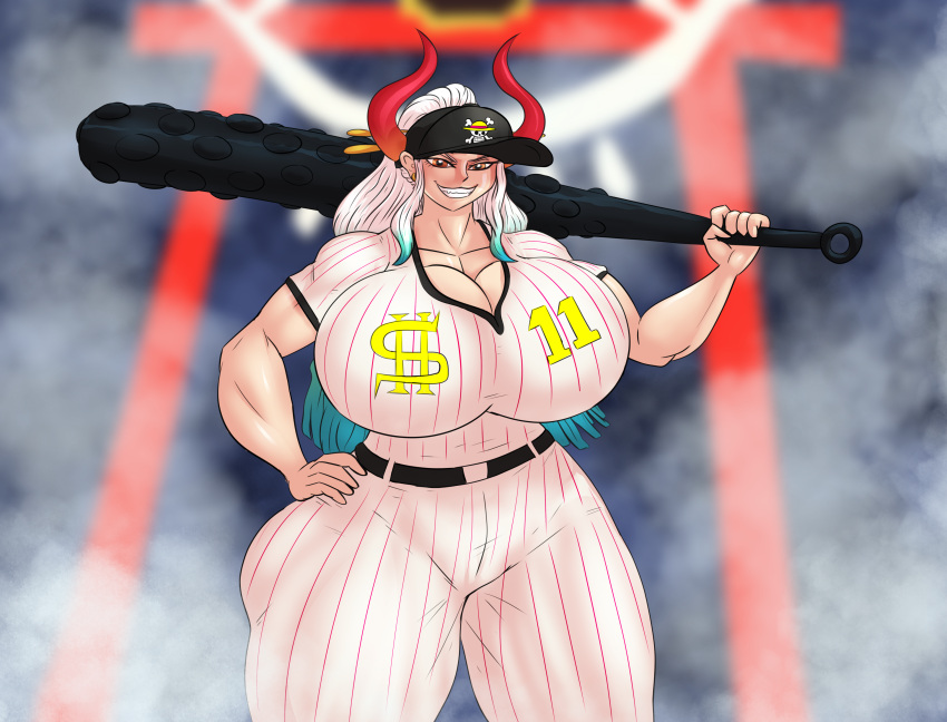 2022 absurd_res athletic athletic_female athletic_humanoid baseball_cap baseball_uniform big_breasts big_butt breasts brown_eyes bubble_butt butt cleavage clothed clothing club_(weapon) curvaceous curvy_figure detailed_background digital_drawing_(artwork) digital_media_(artwork) ear_piercing ear_ring eyelashes female fingers hair hand_on_hip hand_on_own_hip hat headgear headwear hi_res highlights_(coloring) horn horned_humanoid huge_breasts huge_butt humanoid light-skinned_female light_body light_skin long_hair looking_at_viewer melee_weapon multicolored_hair muscular muscular_female muscular_humanoid not_furry one_piece piercing ring_piercing smile solo sportswear teal_hair teal_highlights teeth thebigbadwolf01 thick_thighs two_tone_hair uniform voluptuous weapon white_hair wide_hips yamato_(one_piece)