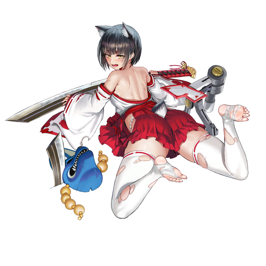 1girl animal_ear_fluff animal_ears ass bangs battle_damage bell black_hair blush bob_cut breasts broken broken_mask broken_sword broken_weapon defeat detached_sleeves fangs feet from_behind full_body game_cg hakama hakama_short_skirt hakama_skirt highres hip_vent holding holding_sword holding_weapon huge_weapon injury japanese_clothes jingle_bell last_origin looking_at_viewer looking_back lying machinery mask median_furrow medium_breasts miniskirt nontraditional_miko official_alternate_costume official_art on_ground open_mouth planted planted_sword red_ribbon red_skirt ribbon ribbon-trimmed_legwear ribbon_trim short_hair shoulder_blades sideboob simple_background skindentation skirt slit_pupils solo sword tabi tachi-e taesi tail tearing_up thick_eyebrows thighhighs torn_clothes torn_legwear torn_sleeves torn_thighhighs transparent_background vargr_(last_origin) weapon white_thighhighs wolf_ears wolf_mask wolf_tail yellow_eyes