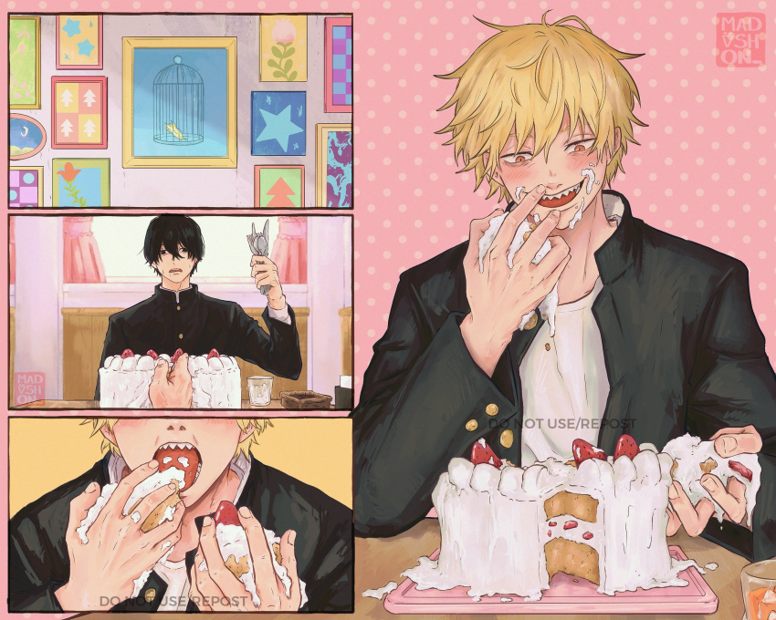 2boys absurdres birdcage black_hair black_jacket blonde_hair cage cake chainsaw_man denji_(chainsaw_man) disgust eating food food_on_face fruit gakuran highres holding holding_food holding_utensil jacket madishon multiple_boys open_clothes open_mouth orange_eyes painting_(object) polka_dot polka_dot_background pov school_uniform sharp_teeth shirt short_hair sitting smile spiked_hair star_(symbol) strawberry strawberry_shortcake sweat teeth white_shirt yoshida_hirofumi