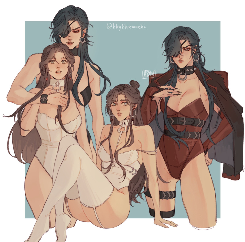 2girls absurdres artist_name bare_shoulders bbybluemochi belt black_hair black_nails breasts brown_hair cleavage earrings eyepatch garter_straps genderswap genderswap_(mtf) grey_eyes hair_over_one_eye highres hua_cheng jewelry long_hair looking_at_viewer medium_breasts multiple_girls multiple_views parted_lips sitting standing thigh_strap thighhighs tian_guan_ci_fu white_thighhighs wristband xie_lian yuri