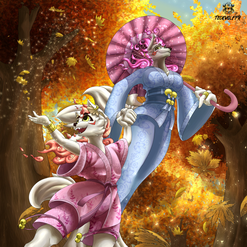 1:1 animal_humanoid anthro asian_clothing autumn canid canid_humanoid canine canine_humanoid canis clothing detailed_background digital_drawing_(artwork) digital_media_(artwork) duo east_asian_clothing female fire flaming_hair forest fur glistening glistening_hair hair hi_res humanoid japanese_clothing kimono leaf looking_at_another looking_at_viewer looking_down male male/female mammal mammal_humanoid mecanik_panik pink_hair plant pseudo_hair red_hair teckwolffr tree white_body white_fur wolf wolf_humanoid