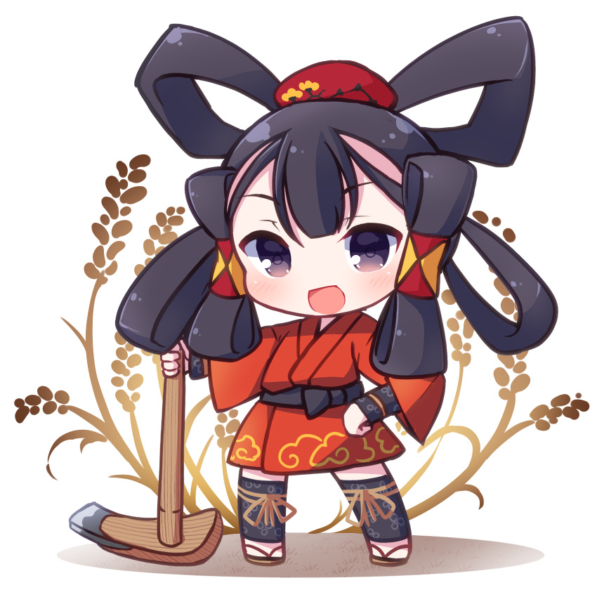 1girl :d bangs black_eyes black_hair blush brown_footwear chibi commentary_request full_body hair_rings highres hoe holding japanese_clothes kimono long_sleeves looking_at_viewer red_kimono rensei sakuna-hime smile solo standing tensui_no_sakuna-hime waraji white_background wide_sleeves