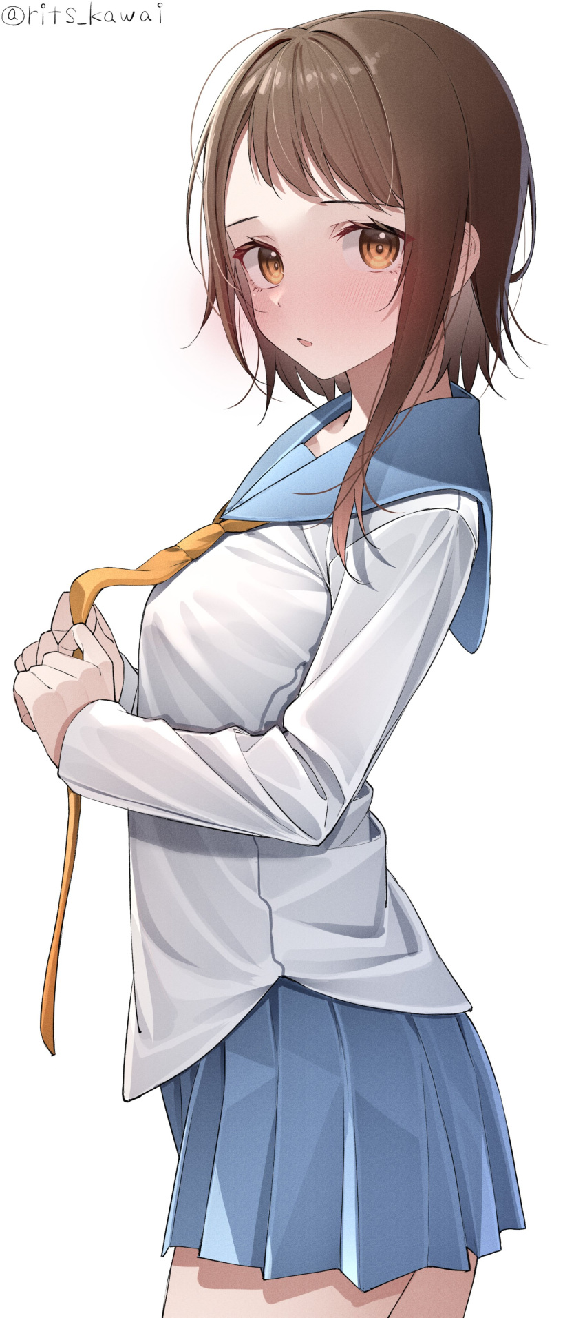 1girl :o absurdres bangs blush bonyari_high_school_uniform breasts brown_eyes brown_hair cowboy_shot from_side green_sailor_collar highres kawai_ritsu_(rits_meg) large_breasts long_hair long_sleeves looking_at_viewer miniskirt necktie nisekoi onodera_kosaki open_mouth orange_necktie own_hands_together pleated_skirt sailor_collar school_uniform shirt short_hair skirt smile solo white_shirt