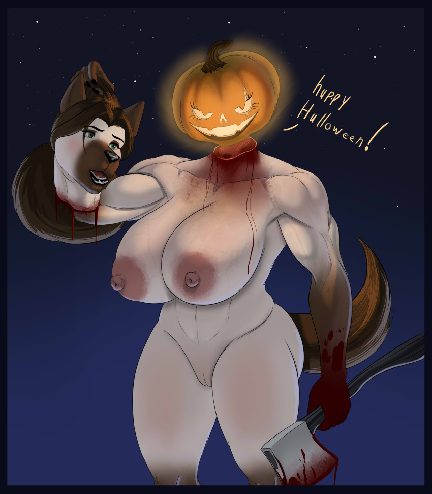 abs absurd_res anthro big_breasts blood blood_drip blood_splatter bodily_fluids breasts canid canine canis decapitation domestic_dog english_text female genitals glowing gore halloween hi_res holding_axe holding_head holidays huge_breasts jack-o'-lantern looking_at_viewer mammal maria_(pancarta) muscular muscular_female night nipples nude pancarta portrait pumpkin_head pussy severed_head sky solo standing star starry_sky text thick_thighs three-quarter_portrait undead veiny_breasts