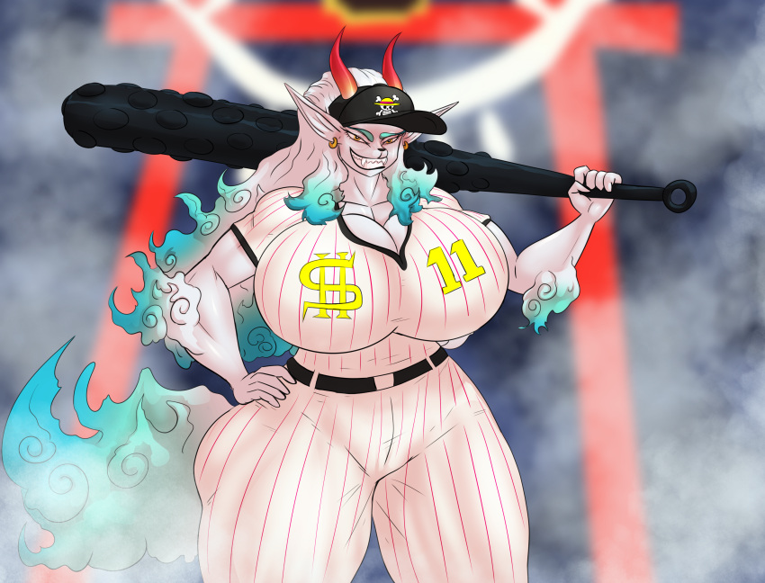 2022 absurd_res anthro athletic athletic_anthro athletic_female baseball_cap baseball_uniform big_breasts big_butt breasts bubble_butt butt canid canine canis cleavage clothed clothing club_(weapon) curvaceous curvy_figure detailed_background digital_drawing_(artwork) digital_media_(artwork) ear_piercing ear_ring eyelashes female fingers fur hair hand_on_hip hand_on_own_hip hat headgear headwear hi_res highlights_(coloring) horn huge_breasts huge_butt long_hair looking_at_viewer mammal melee_weapon multicolored_hair muscular muscular_anthro muscular_female one_piece piercing ring_piercing sharp_teeth smile solo sportswear teal_hair teal_highlights teeth thebigbadwolf01 thick_thighs two_tone_hair uniform voluptuous weapon white_body white_fur white_hair wide_hips wolf yamato_(one_piece) yellow_eyes