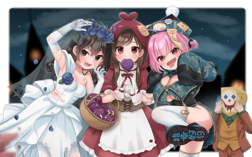 #unicus_(idolmaster) 3girls absurdres black_hair blue_flower blue_hair blue_rose blush breasts bridal_gauntlets bridal_veil brown_hair center_frills chinese_clothes cleavage_cutout clothing_cutout cosplay dress flower frills fruit_basket hair_bun halloween halloween_costume highres hood hood_up idolmaster idolmaster_cinderella_girls jiangshi jiangshi_costume joker_(dc) joker_(dc)_(cosplay) kumasawa_(dkdkr) large_breasts little_red_riding_hood_(grimm) little_red_riding_hood_(grimm)_(cosplay) long_hair looking_at_viewer medium_breasts multicolored_hair multiple_girls night night_sky p-head_producer paw_pose pink_hair producer_(idolmaster) red_hood ringorou_(idolmaster) rose scar sharp_teeth sidelocks single_side_bun sky sleeves_past_fingers sleeves_past_wrists stitched_arm stitched_face stitches sunazuka_akira teeth thighhighs tsujino_akari two-tone_hair veil very_long_hair wedding_dress white_thighhighs yumemi_riamu