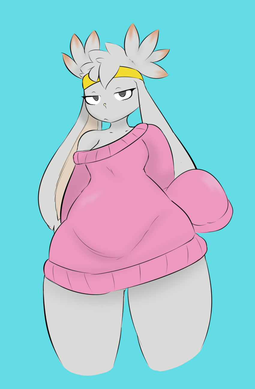 2021 absurd_res accessory anthro blue_background clea_(plantedpot) clothed clothing ear_tuft female floppy_ears fur generation_8_pokemon glare hair head_tuft headband hi_res highlights_(coloring) lagomorph long_ears long_sleeves looking_at_viewer lop_ears mammal nintendo off_shoulder pink_clothing pink_sweater pink_topwear plantedpot pokemon pokemon_(species) portrait raboot red_highlights simple_background solo sweater three-quarter_portrait topwear tuft video_games white_body white_fur white_hair