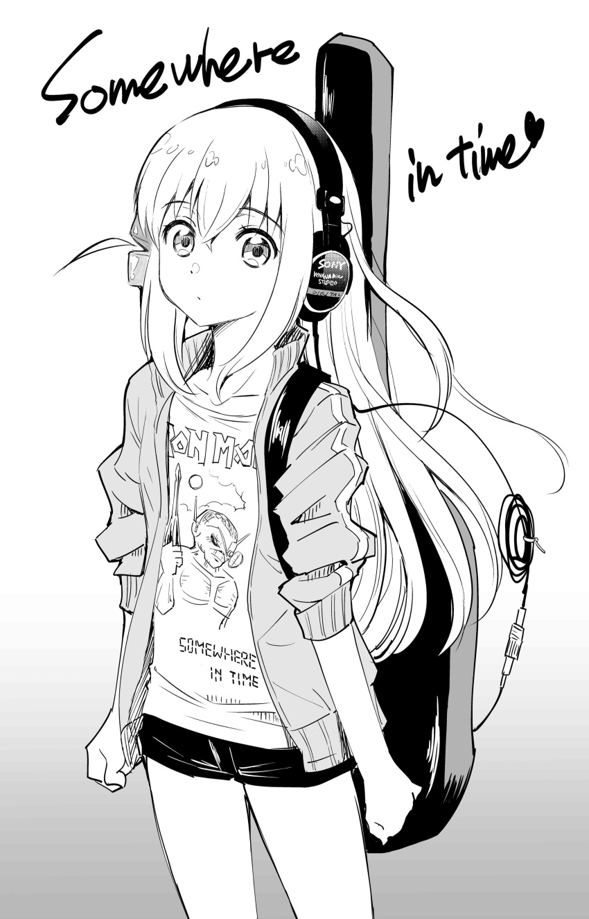 1girl absurdres band_shirt bangs bocchi_the_rock! clenched_hands crossed_bangs english_text fqnrxj gotou_hitori hair_between_eyes hair_cubes hair_ornament headphones highres instrument_case iron_maiden_(band) jacket long_hair looking_at_viewer merchandise monochrome one_side_up open_clothes open_jacket shirt short_shorts shorts sidelocks solo sony standing t-shirt track_jacket