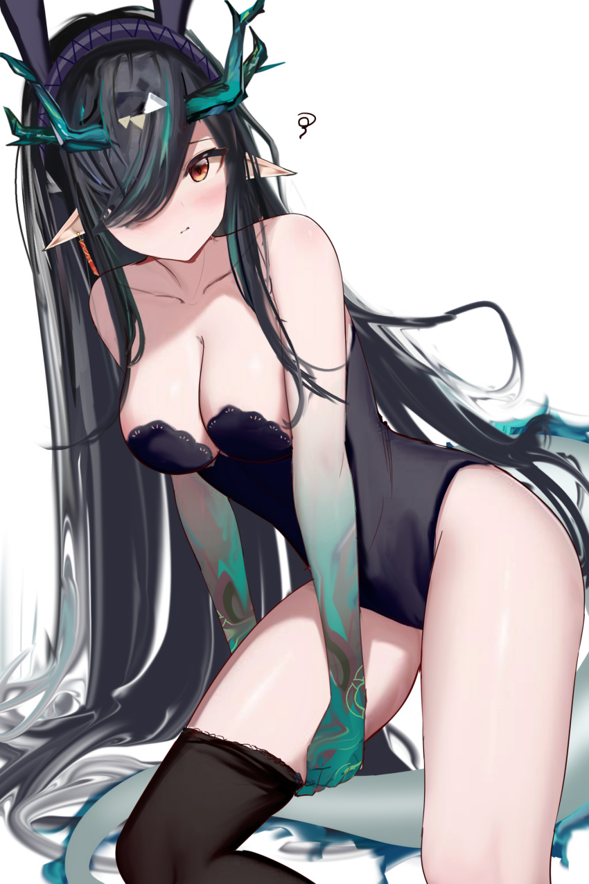1girl animal_ears arknights bare_shoulders black_hair black_hairband black_leotard black_thighhighs blush breasts cleavage closed_mouth collarbone colored_skin covered_nipples dragon_girl dragon_horns dragon_tail dusk_(arknights) fake_animal_ears gradient_skin green_skin hairband highres horns leotard looking_at_viewer medium_breasts mikuning playboy_bunny pointy_ears rabbit_ears red_eyes single_thighhigh solo squiggle tail thighhighs
