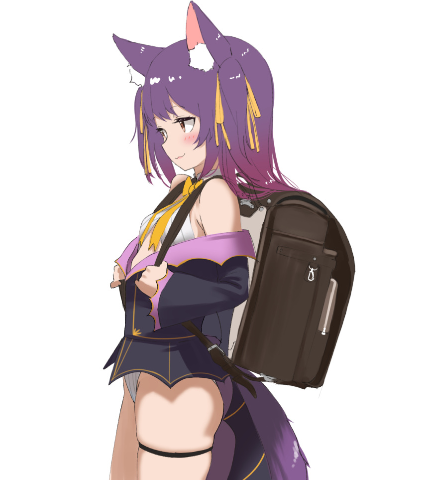 .live 1girl animal_ears backpack bag breasts from_side hair_ribbon highres purple_hair randoseru ribbon rurun_rururica skindentation small_breasts smile solo tail tama_(tamago) two_side_up virtual_youtuber wolf_ears wolf_girl wolf_tail