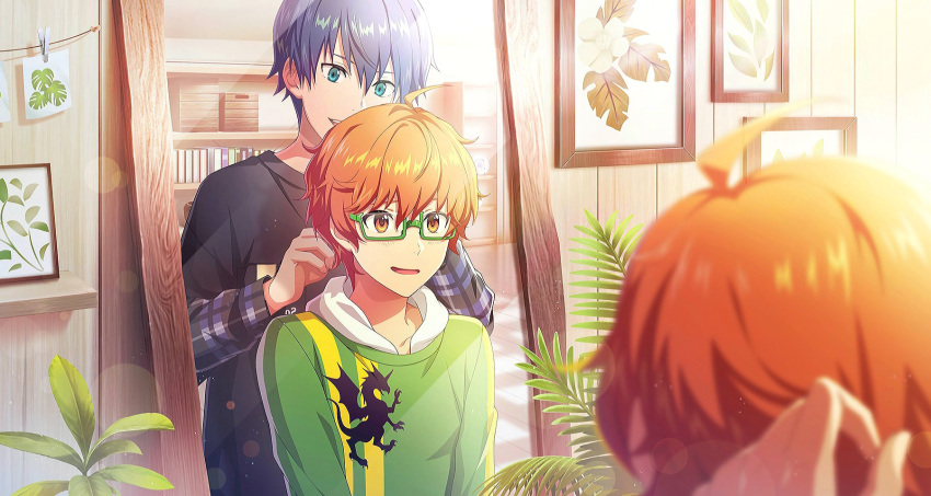 2boys ahoge aoi_kyosuke blue_eyes bookshelf fingernails glasses green-framed_eyewear hair_between_eyes highres idolmaster idolmaster_side-m idolmaster_side-m_growing_stars long_sleeves looking_at_mirror male_focus mirror multiple_boys nervous_smile official_art orange_eyes orange_hair picture_frame plant plant_print print_shirt reflection shirt smile undershirt