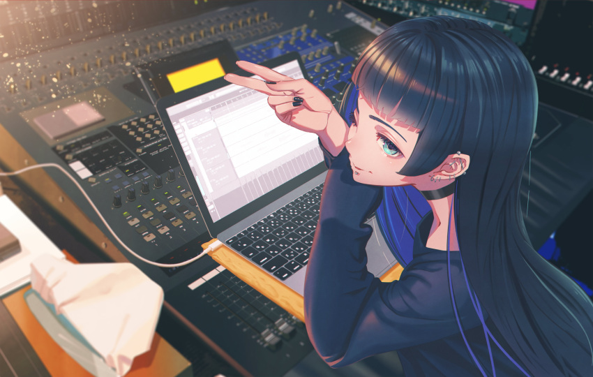 1girl absurdres aqua_eyes black_choker black_dress black_hair black_nails bocchi_the_rock! choker computer dress ear_piercing highres hime_cut honda_kouhei laptop light_particles long_hair looking_at_viewer mixing_console nail_polish one_eye_closed pa-san piercing sitting sleeves_past_fingers sleeves_past_wrists solo tissue_box upper_body v