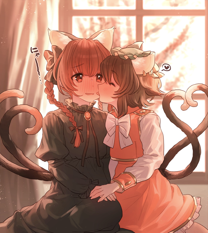 2girls absurdres animal_ears backlighting bangs bloom blunt_bangs blurry blurry_background blush bow bowtie braid brooch brown_hair cat_ears cat_girl cat_tail chen closed_eyes curtains depth_of_field dress earrings extra_ears friends full-face_blush gem gold_trim heart heart_tail highres holding_hands jewelry kaenbyou_rin licking licking_another's_face light_particles masanaga_(tsukasa) multiple_girls multiple_tails nekomata profile puffy_sleeves red_dress red_eyes red_hair short_hair single_earring sitting spoken_heart tail touhou tree twin_braids two_tails white_bow white_bowtie window yuri