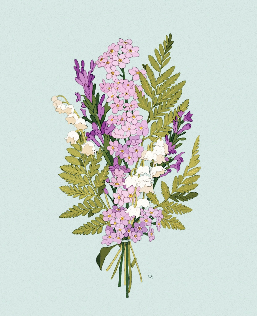 blue_background bouquet commentary english_commentary fern flower forget-me-not_(flower) highres leaf libbyframe lilac lily_of_the_valley no_humans original plant purple_flower signature simple_background still_life white_flower