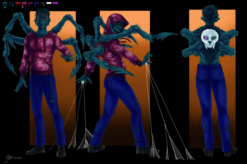 8_eyes absurd_res anthro arachnid arthropod arthropod_webbing bottomwear clothing denim denim_clothing hi_res hibernalbeast hoodie jeans male model_sheet modified_clothing multi_eye ne'krot pants solo spider spider_legs spinnerets topwear