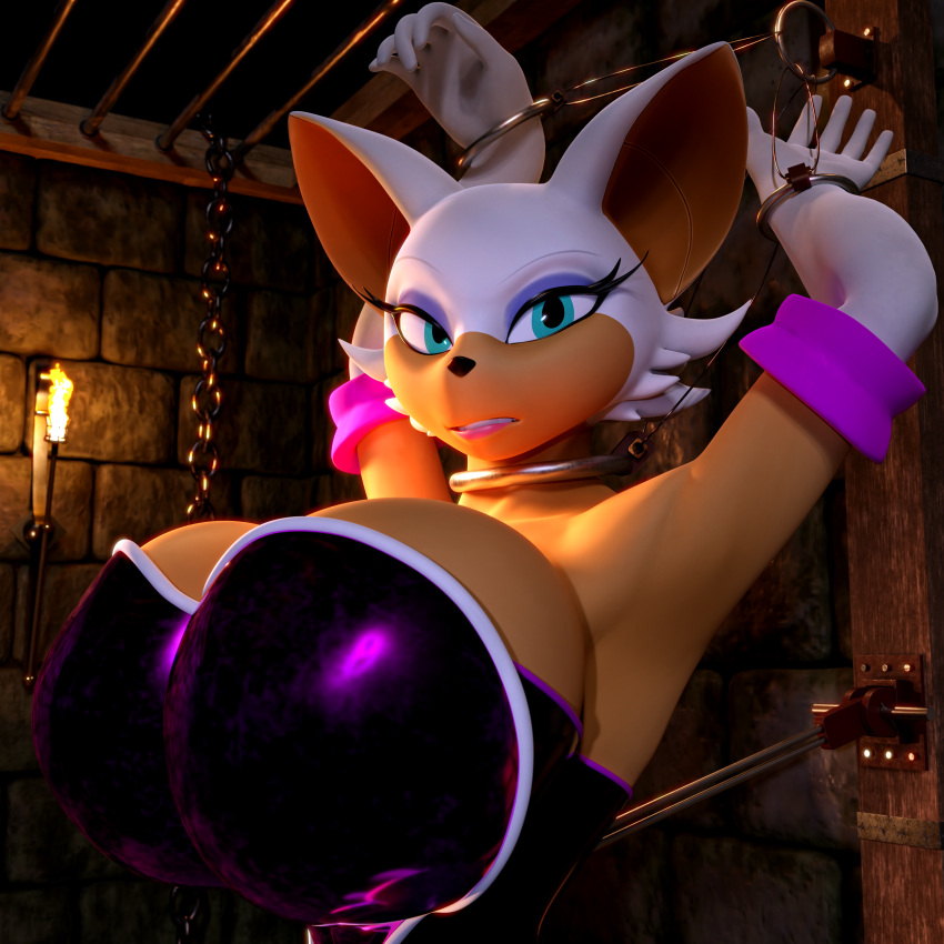 1:1 absurd_res armor big_breasts breast_squish breastplate breasts captured chain cleavage clothed clothing cuff_(restraint) dungeon female gloves handcuffs handwear hi_res huge_breasts latex_gloves metal_cuffs restraints rouge_the_bat rubber rubber_clothing rubber_suit sega severalbaps solo sonic_the_hedgehog_(series) squish torch