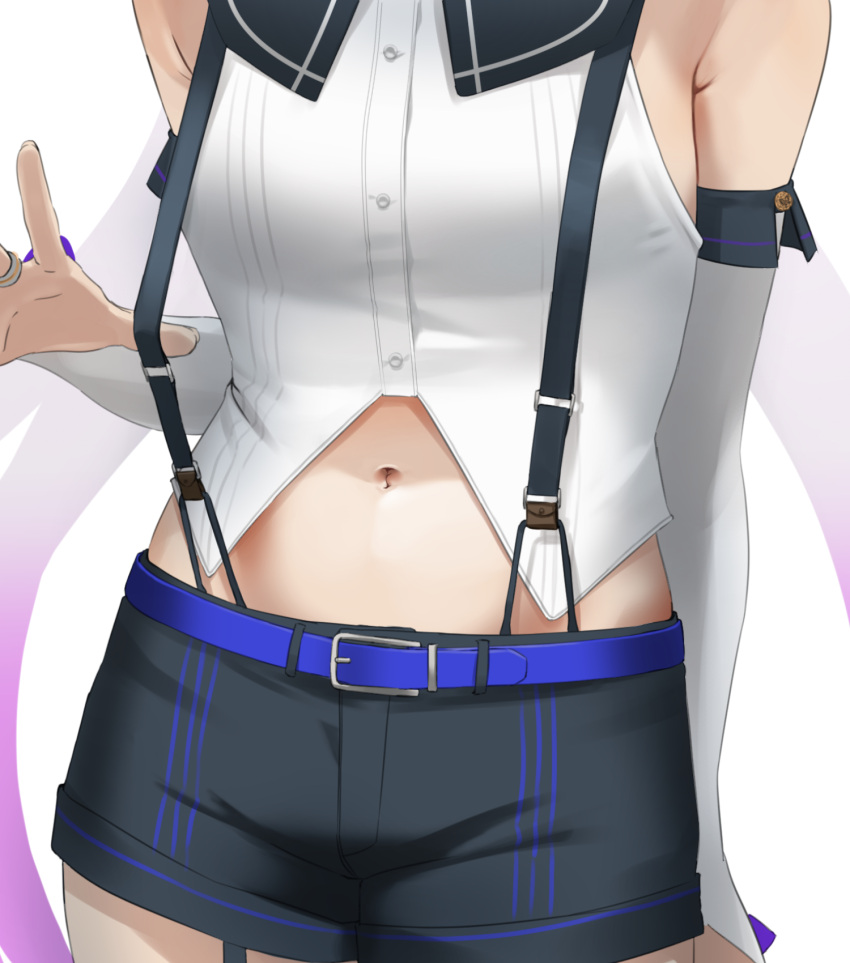 .live 1girl armpit_crease belt blue_belt breasts carro_pino detached_sleeves head_out_of_frame highres jewelry navel ring short_shorts shorts small_breasts solo suspenders_pull tama_(tamago) upper_body virtual_youtuber