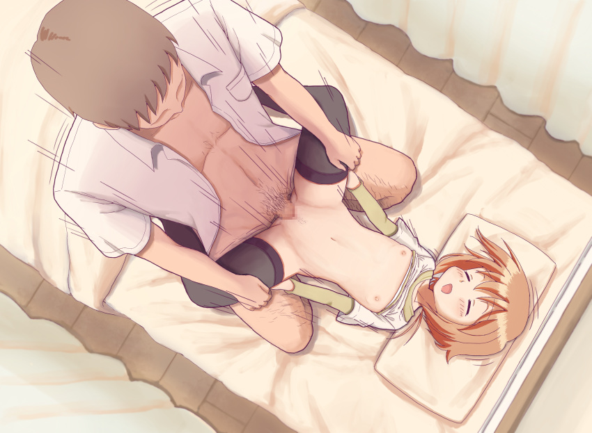 1boy 1girl black_thighhighs blush brown_hair censored closed_eyes faceless faceless_male flat_chest green_shirt highres infirmary lying male_pubic_hair mosaic_censoring negishi_minamo nipples on_back on_bed open_clothes open_mouth open_shirt overshirt penis pillow pubic_hair pussy sex shirt short_hair sketchbook_full_colors spread_legs tanuki_(die_abendwolke) textless_version thighhighs vaginal white_shirt
