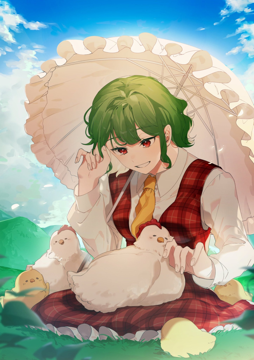 1girl animal animal_on_lap ascot bangs bird bird_on_lap black_eyes blue_sky blush breasts chick chicken closed_eyes closed_mouth cloud cloudy_sky collared_shirt colored_skin fingernails frills grass green_hair grey_shirt grey_skin hair_between_eyes hands_up highres kazami_yuuka laspberry. leaf long_sleeves looking_down looking_to_the_side medium_breasts mountain nature on_lap open_clothes open_vest outdoors parasol plaid plaid_skirt plaid_vest puffy_long_sleeves puffy_sleeves red_eyes red_skirt scenery seiza shirt short_hair sidelocks sitting sitting_on_person skirt sky smile standing sunlight teeth touhou umbrella vest wings yellow_ascot yellow_skin