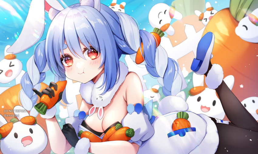 1girl :t animal_ears bangs bare_shoulders black_gloves black_leotard black_pantyhose blue_hair blush braid breasts bunny-shaped_pupils carrot carrot_hair_ornament chewing coat detached_sleeves eating eneru_(enepuni) food-themed_hair_ornament fur-trimmed_gloves fur_scarf fur_trim gloves hair_between_eyes hair_ornament highres hololive leotard leotard_under_clothes long_hair lying medium_breasts multicolored_hair nousagi_(usada_pekora) on_stomach pantyhose puffy_detached_sleeves puffy_short_sleeves puffy_sleeves rabbit_ears rabbit_girl rabbit_tail red_eyes scarf short_sleeves sidelocks solo strapless strapless_coat strapless_leotard swept_bangs symbol-shaped_pupils tail tail_through_clothes thick_eyebrows twin_braids twintails two-tone_hair usada_pekora virtual_youtuber white_coat white_hair white_scarf white_sleeves