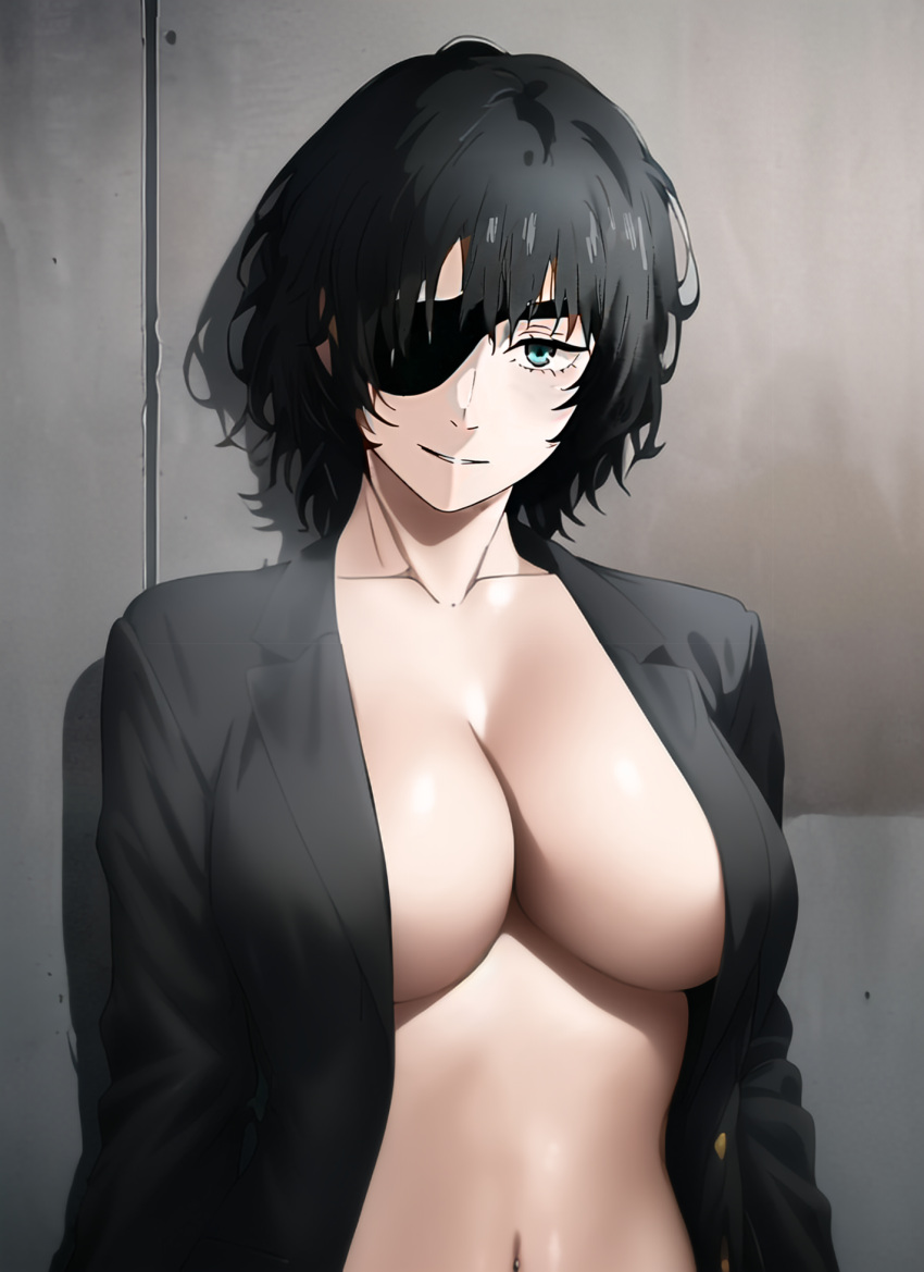 1girl 92_brks against_wall ai-generated bangs black_hair black_jacket breasts chainsaw_man cleavage eyepatch highres himeno_(chainsaw_man) jacket large_breasts looking_at_viewer navel no_bra open_clothes open_jacket short_hair smirk solo