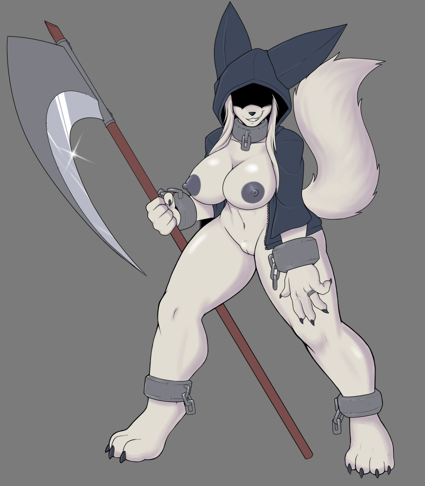 absurd_res anthro black_clothing black_nails black_nipples bottomless breasts canid canine claws clothed clothing collar colored_nails cuff_(restraint) death_(whitev) female fluffy fluffy_tail full-length_portrait fur furgonomics genitals grey_background grin hi_res holding_object holding_weapon hoodie hoodie_only mammal melee_weapon nails nipples partially_clothed polearm portrait pussy restraints ring scythe shackles shadowed_eyes shyning_fingah simple_background smile solo standing topwear topwear_only weapon white_body white_fur