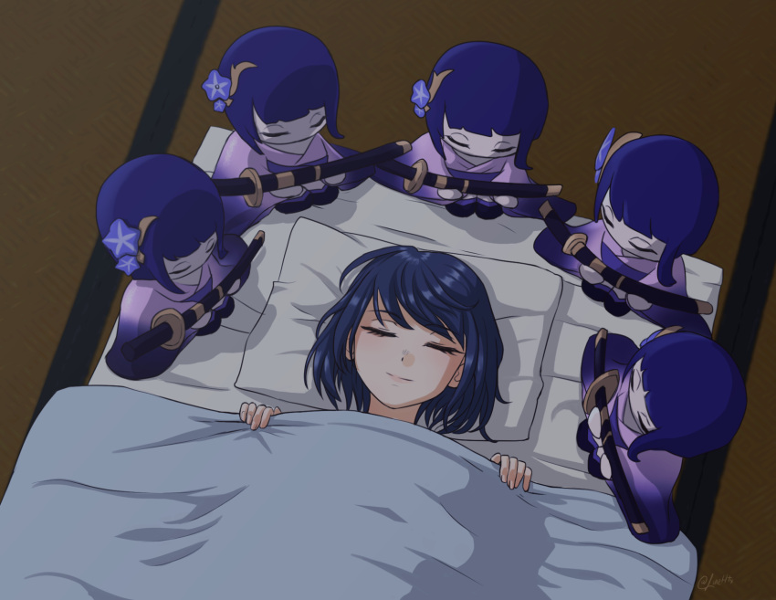 1girl bangs black_hair character_doll commentary english_commentary from_above futon genshin_impact highres kujou_sara luizhtx lying on_back parted_bangs pillow raiden_shogun short_hair sidelocks sleeping smile solo tatami