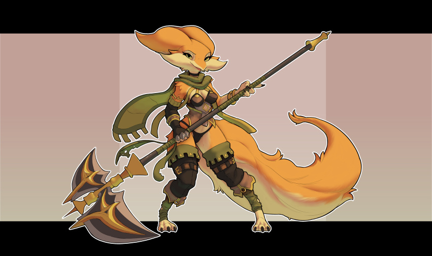 2022 absurd_res alternate_version_at_source anthro areola armor bdmon biped breasts cleavage clothed clothing female fur furred_kobold green_eyes hi_res holding_object holding_weapon kobold looking_at_viewer nude orange_body orange_fur panties scarf solo standing tisha_(bdmon) underwear weapon