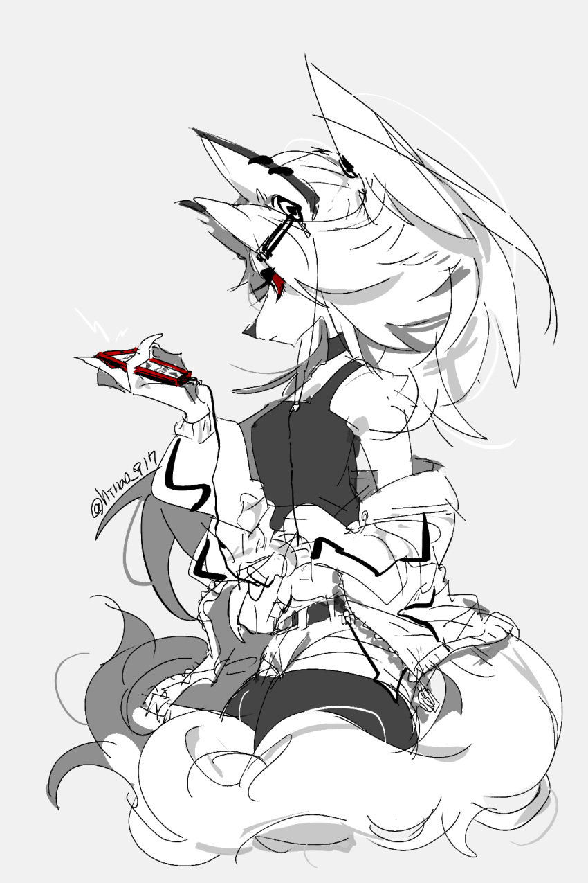 2019 anthro belt canid canid_demon clothed clothing demon digital_media_(artwork) female fluffy fluffy_tail hellhound helluva_boss hi_res hinao_917 holding_object holding_phone jacket looking_at_object looking_at_phone loona_(helluva_boss) mammal monotone_background off_shoulder phone red_sclera restricted_palette selective_coloring shirt side_view simple_background solo tank_top topwear white_eyes