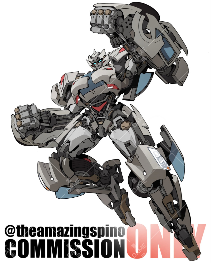 airborne blue_eyes clenched_hands commission full_body headlight highres mecha no_humans original parted_lips piston robot science_fiction simple_background smile solo tail_lights theamazingspino transformers twitter_username watermark wheel white_background