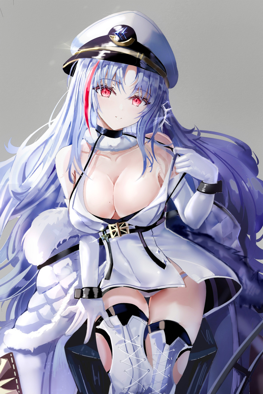 1girl absurdres age_fx azur_lane bare_shoulders boots breasts chain chinese_commentary cleavage coat commentary_request cross-laced_footwear dress elbow_gloves fur_coat gloves grey_background hat highres large_breasts long_hair looking_at_viewer off_shoulder open_clothes open_coat panties peaked_cap red_eyes simple_background smile solo strap_pull tallinn_(azur_lane) thigh_boots thighhighs underwear white_dress white_footwear white_gloves white_hair white_headwear white_panties wrist_cuffs