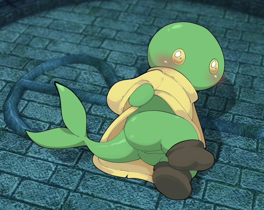 anthro anus balls barely_visible_balls barely_visible_genitalia blush butt clothed clothing commando detailed_background dolphin_tail footwear genitals green_body green_skin hi_res looking_up_at_viewer lying male on_side partially_clothed perineum robe robe_lift shoes smite_(artist) solo tonberry yellow_eyes